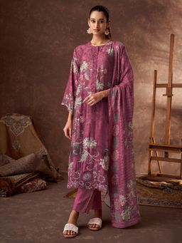 SPRAHA - Anisha Wine Muslin Floral Embroidered Unstitched Dress Material (Set of 3)