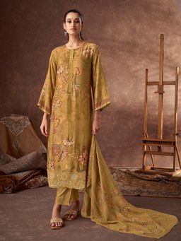 SPRAHA - Anisha Mustard Muslin Floral Embroidered Unstitched Dress Material (Set of 3)
