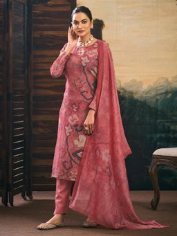 SPRAHA - Anshika Pink Muslin Fancy Handwork Printed Unstitched Dress Material (Set of 3)