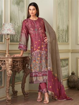 SPRAHA - Brinda Maroon Russian Printed Unstitched Dress Material (Set of 3)
