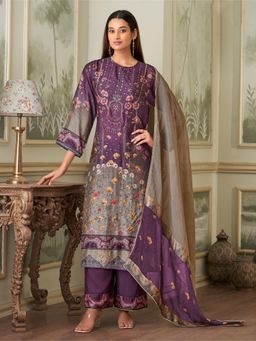 SPRAHA - Brinda Purple Russian Printed Unstitched Dress Material (Set of 3)