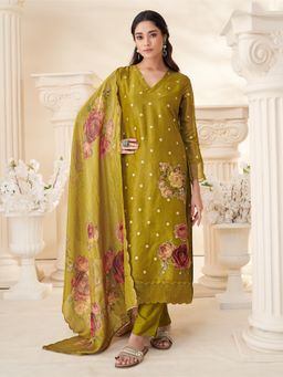 SPRAHA - Chavi Metallic Mehendi Green Printed Unstitched Dress Material (Set of 3)