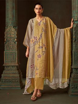 SPRAHA - Hushn Metallic Beige Printed Unstitched Dress Material (Set of 3)