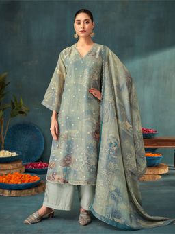 SPRAHA - Iqra Metallic Grey Simmer Jaquard Unstitched Dress Material (Set of 3)