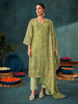 SPRAHA - Iqra Metallic Green Simmer Jaquard Unstitched Dress Material (Set of 3)