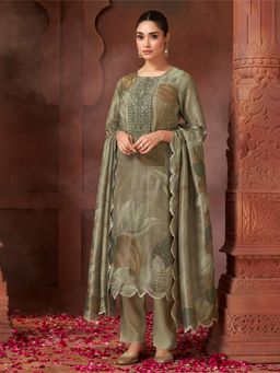 SPRAHA - Kashvi Mehendi Green Printed Simmer Unstitched Dress Material (Set of 3)