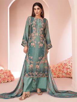 SPRAHA - Kavita Blue Muslin Floral Print Unstitched Dress Material (Set of 3)