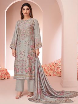 SPRAHA - Kavita Light Grey Floral Print Muslin Unstitched Dress Material (Set of 3)