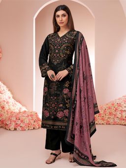 SPRAHA - Kavita Black Floral Print Muslin Unstitched Dress Material (Set of 3)