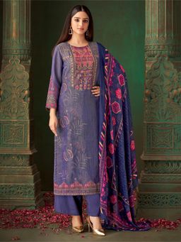 SPRAHA - Mahek Blue Printed Unstitched Dress Material (Set of 3)