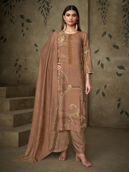 SPRAHA - Minhaz Brown Muslin Printed Unstitched Dress Material (Set of 3)