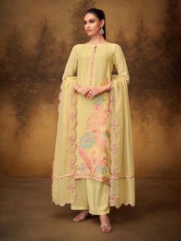 SPRAHA - Pankh Light Yellow Muslin Meena Fancy Jaquard Unstitched Dress Material (Set of 3)
