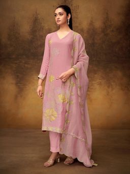 SPRAHA - Pankh Light Pink Muslin Meena Fancy Jaquard Unstitched Dress Material (Set of 3)