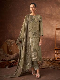 SPRAHA - Pavitra Mehendi Green Muslin Floral Printed Unstitched Dress Material (Set of 3)