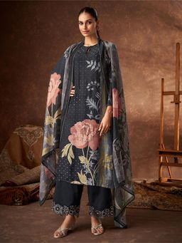 SPRAHA - Pavitra Black Muslin Floral Printed Unstitched Dress Material (Set of 3)