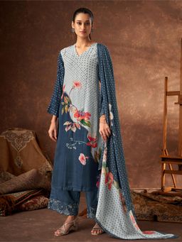 SPRAHA - Pavitra Blue Printed Muslin Unstitched Dress Material (Set of 3)
