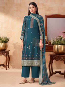SPRAHA - Ritika Teal Organza Fancy Jaquard Printed Unstitched Dress Material (Set of 3)