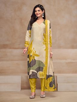 SPRAHA - Sagarika Yellow Muslin Printed Unstitched Dress Material (Set of 3)