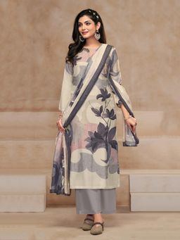 SPRAHA - Sagarika Grey Muslin Printed Unstitched Dress Material (Set of 3)