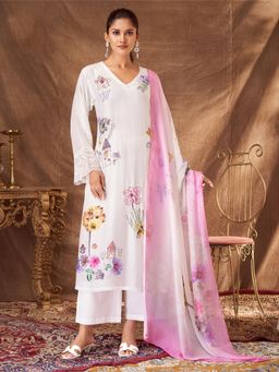 SPRAHA - Shopia Metallic White Print and Beads Work Unstitched Dress Material (Set of 3)