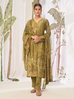 SPRAHA - Sukoon Mehendi Green Printed Muslin Unstitched Dress Material (Set of 3)