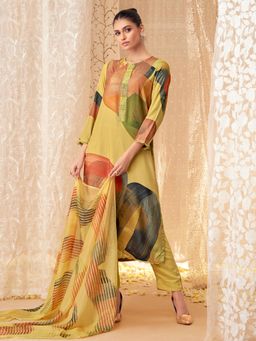 SPRAHA - Uzma Yellow Muslin Printed Unstitched Dress Material (Set of 3)
