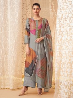 SPRAHA - Uzma Grey Muslin Printed Unstitched Dress Material (Set of 3)