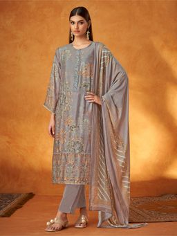 SPRAHA - Yasmin Grey Muslin Embroidery Unstitched Dress Material (Set of 3)