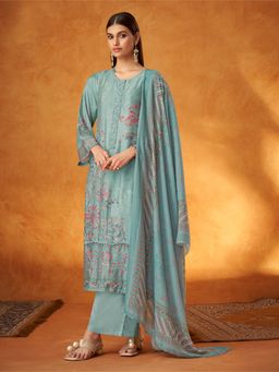 SPRAHA - Yasmin Blue Muslin Embroidery Unstitched Dress Material (Set of 3)