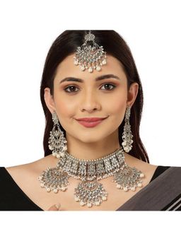 Karatcart - Oxidised Silver Pearl Beads Kundan Choker Necklace Set (Set of 3)