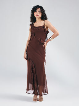 Twenty Dresses by Nykaa Fashion - Brown Printed One Shoulder Strap Ruffled Maxi Dress