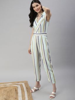 SHOWOFF - Womens Shawl Neck Sleeveless White Striped Jumpsuit
