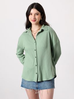 PINACOLADA - Women Pistachio Green Chunky Ribbed Oversized Shirt