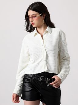 PINACOLADA - Women Cream White Swirl Tactile Crop Boxy Shirt