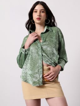 PINACOLADA - Women Sage Green Solid Velvet Oversized Shirt