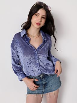 PINACOLADA - Women Cornflower Blue Solid Velvet Oversized Shirt