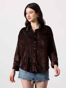 PINACOLADA - Women Chocolate Brown Solid Velvet Oversized Shirt