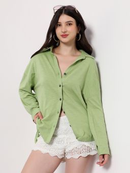 PINACOLADA - Women Grass Green Solid Knit Oversized Shirt