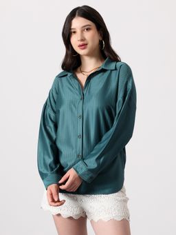 PINACOLADA - Women Teal Green Solid Satin Oversized Shirt