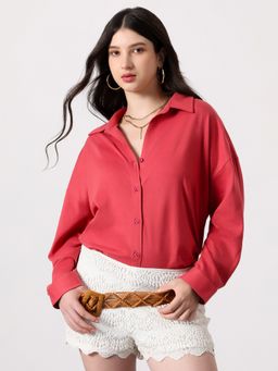 PINACOLADA - Women Rose Red Solid Knit Oversized Shirt