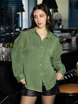 PINACOLADA - Women Olive Green Puffy Textured Oversized Shirt