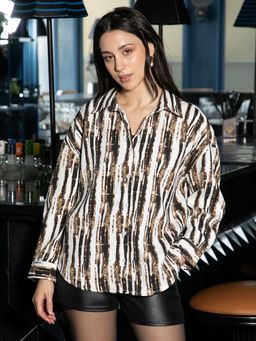 PINACOLADA - Women Coffee Brown Dye Imprint Tactile Oversized Shirt