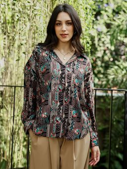 PINACOLADA - Women Coffee Brown Mayan Imprint Oversized Shirt