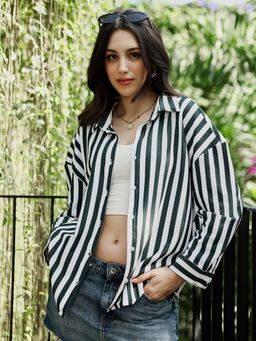 PINACOLADA - Women Emerald Green Candy Striped Tactile Oversized Shirt