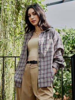 PINACOLADA - Women Coin Grey Crimson Red Woven Contrast Check Oversized Shirt