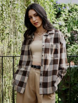 PINACOLADA - Women Coffee Brown Duo Jacquard Check Oversized Shirt