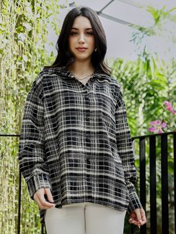 PINACOLADA - Women Midnight Black Static Plaid Oversized Shirt