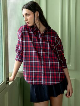PINACOLADA - Women Scarlet Red Navy Blue Buffalo Grid Check Oversized Shirt