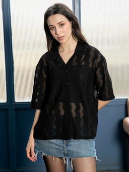 PINACOLADA - Women Onyx Black Swirl Knit Resort Oversized Shirt