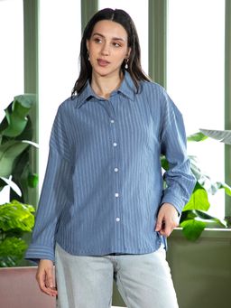 PINACOLADA - Women Cornflower Blue Lace Tactile Oversized Shirt